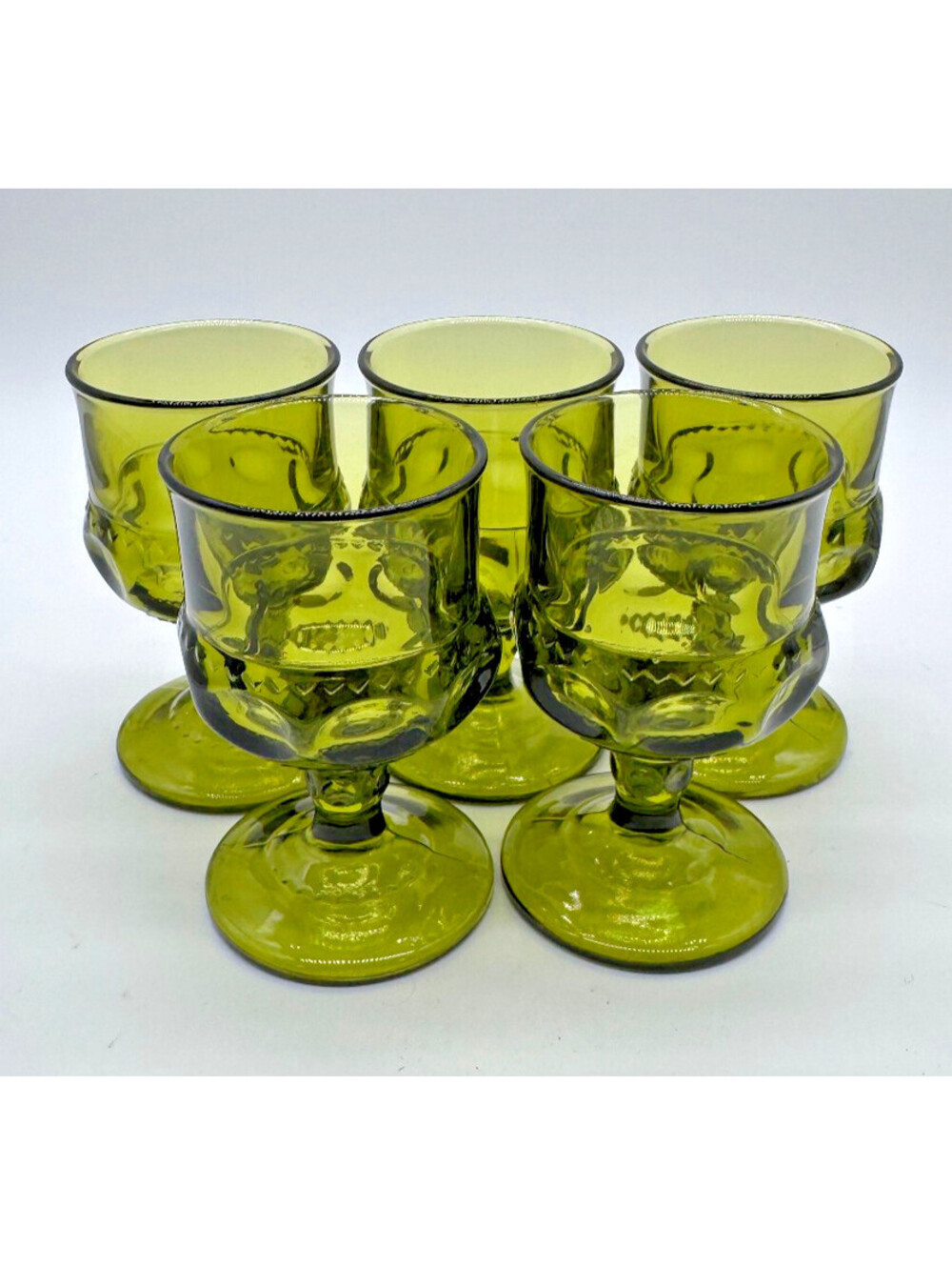 Vintage Olive Green Pressed Glass Elephant Goblets Set of 5 MCM Barware 5"